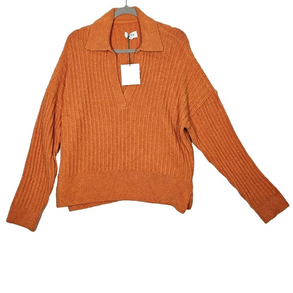PISTOLA Zoe Relaxed Polo Sweater Small Burnt Orange Ribbed Soft Cozy New